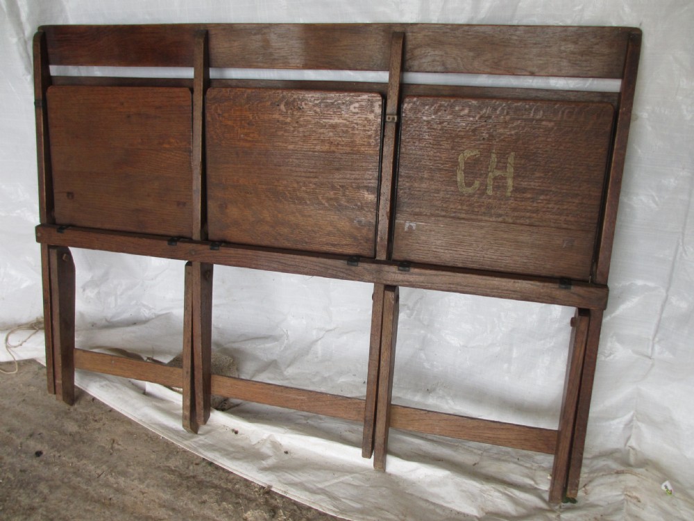 Unusual sturdy oak 3 seater folding theatre seats bench or settle C1910 View X