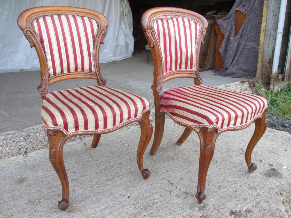A pair of 19th-century oak balloon back dining chairs featuring red and cream striped upholstery, carved scroll details, and cabriole legs.