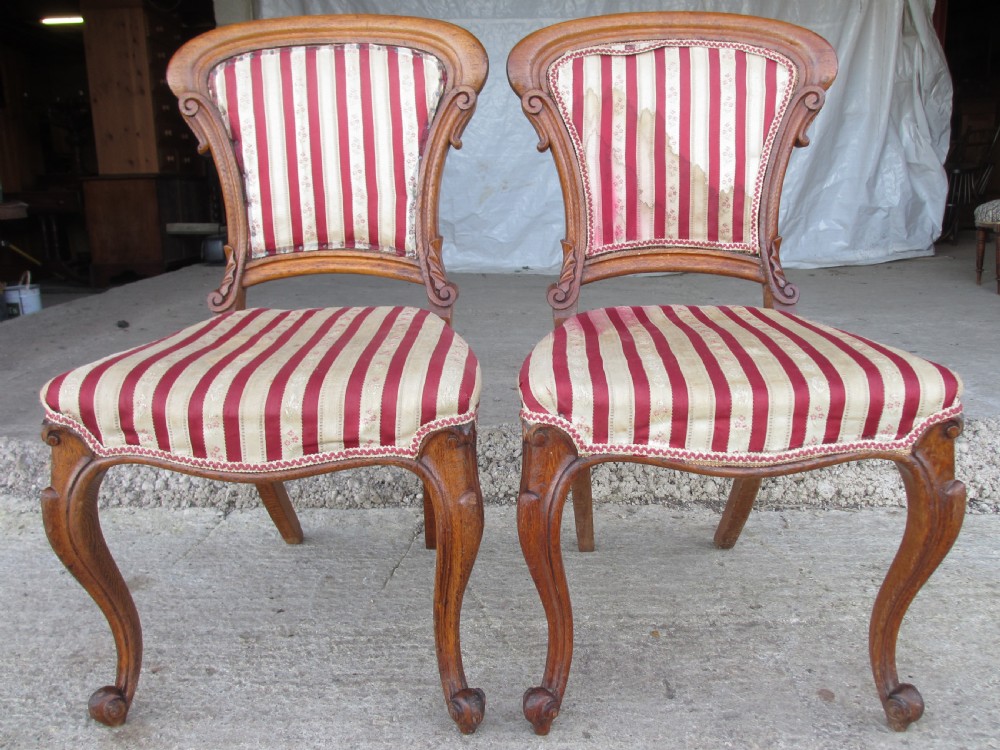 A pair of 19th-century oak balloon back dining chairs featuring red and cream striped upholstery, carved scroll details, and cabriole legs. View II