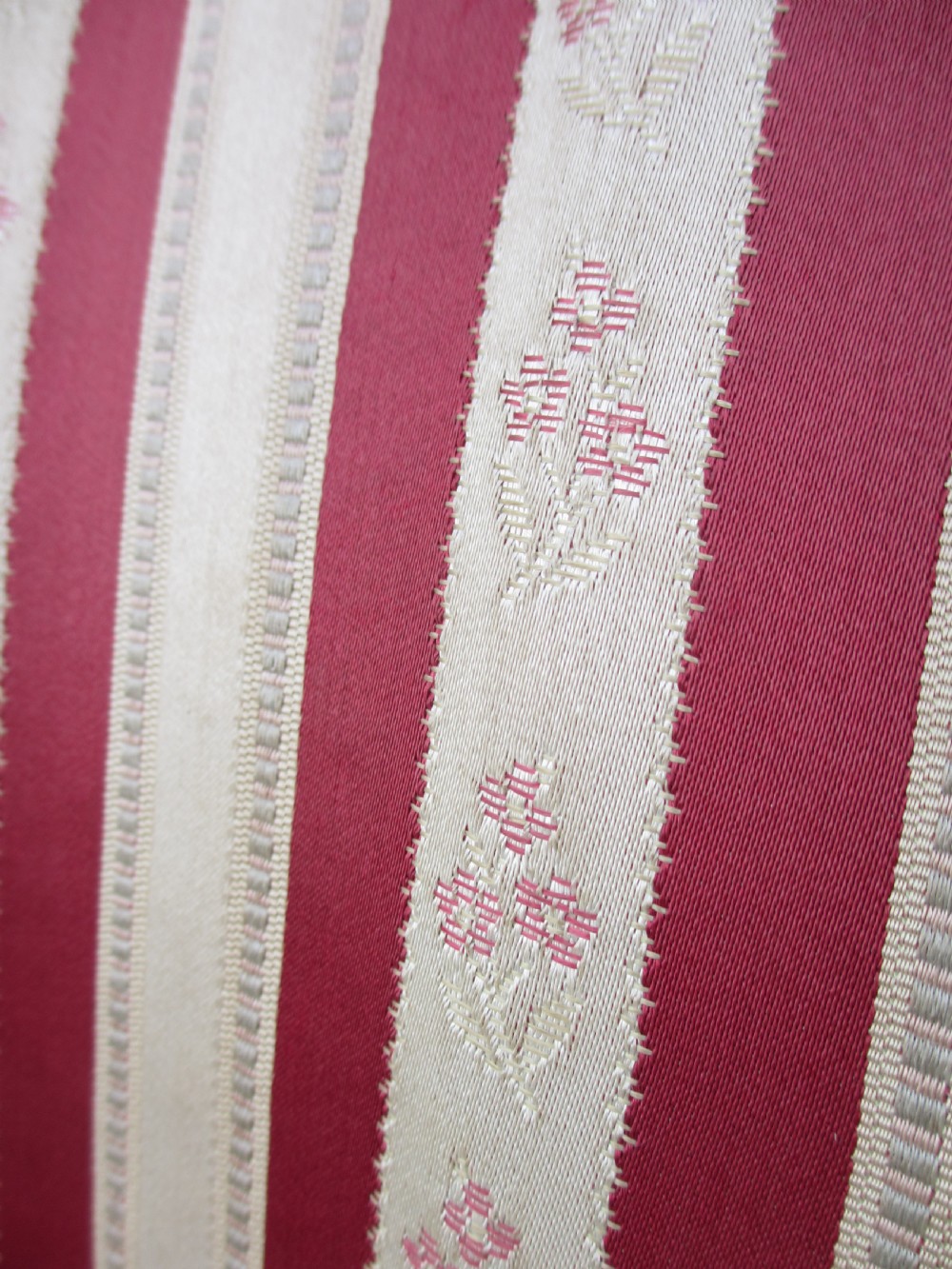 A pair of 19th-century oak balloon back dining chairs featuring red and cream striped upholstery, carved scroll details, and cabriole legs. View VIII