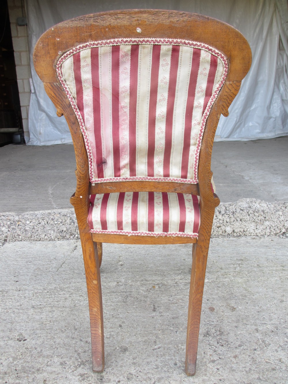 A pair of 19th-century oak balloon back dining chairs featuring red and cream striped upholstery, carved scroll details, and cabriole legs. View XVI