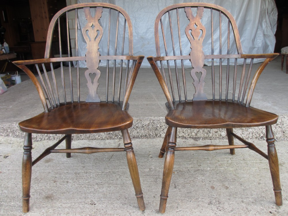 Pair elm seated stick slat windsor armchairs with turned splayed legs c1920 View II