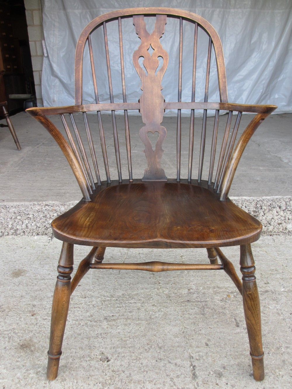 Pair elm seated stick slat windsor armchairs with turned splayed legs c1920 View III