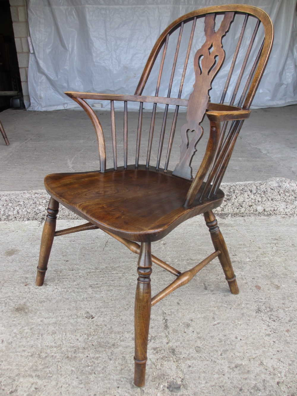 Pair elm seated stick slat windsor armchairs with turned splayed legs c1920 View IV