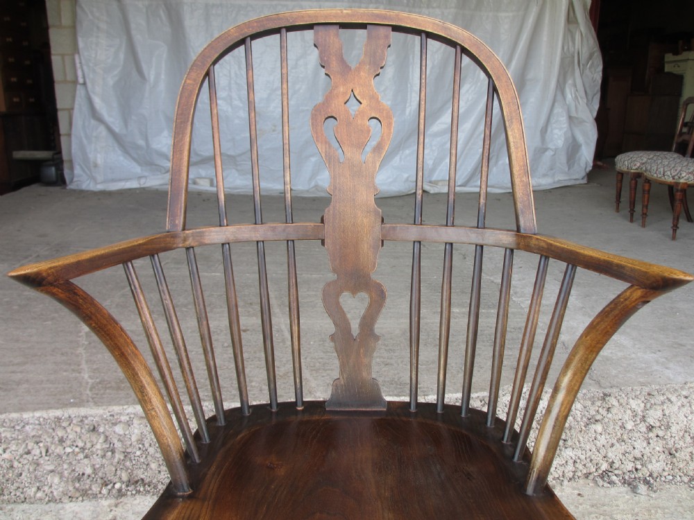 Pair elm seated stick slat windsor armchairs with turned splayed legs c1920 View V