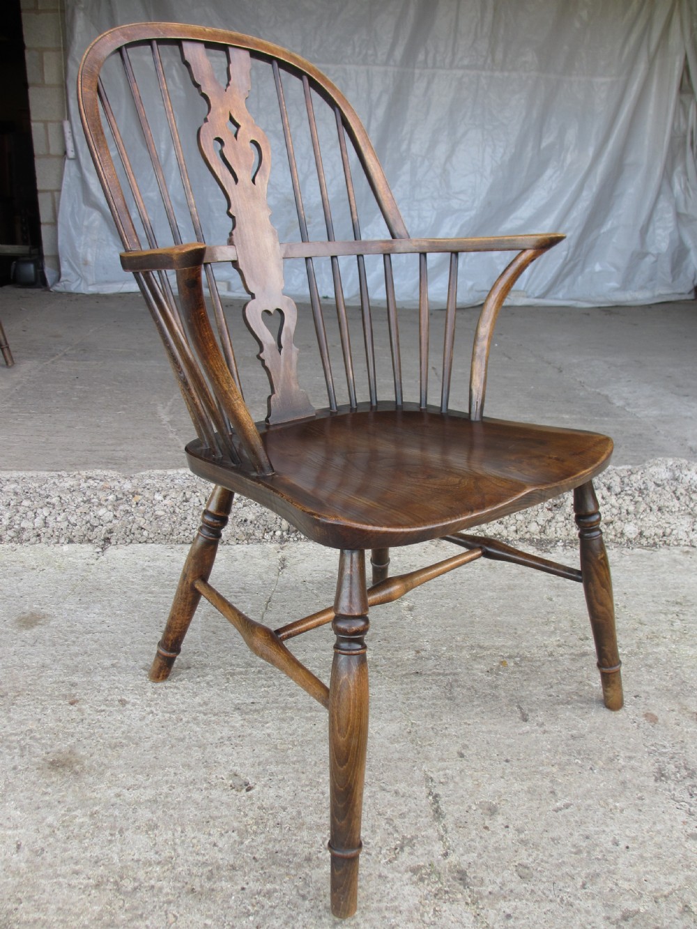 Pair elm seated stick slat windsor armchairs with turned splayed legs c1920 View VI