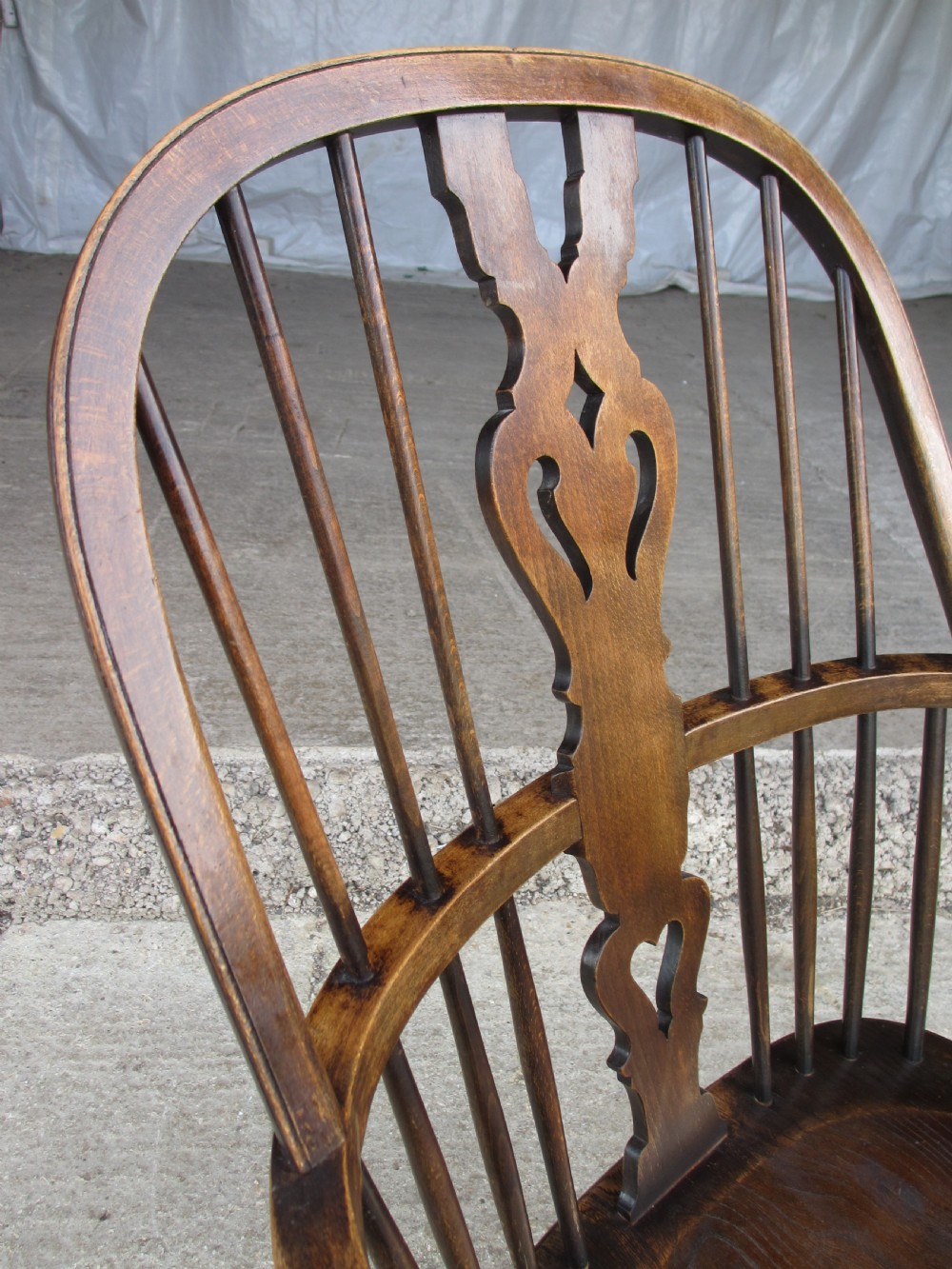 Pair elm seated stick slat windsor armchairs with turned splayed legs c1920 View VII