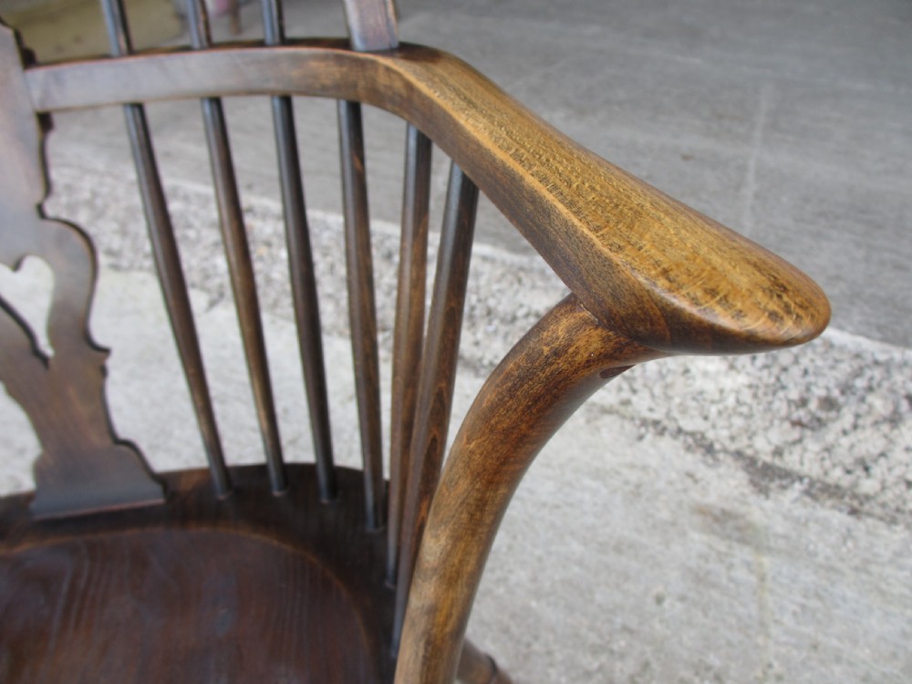 Pair elm seated stick slat windsor armchairs with turned splayed legs c1920 View VIII