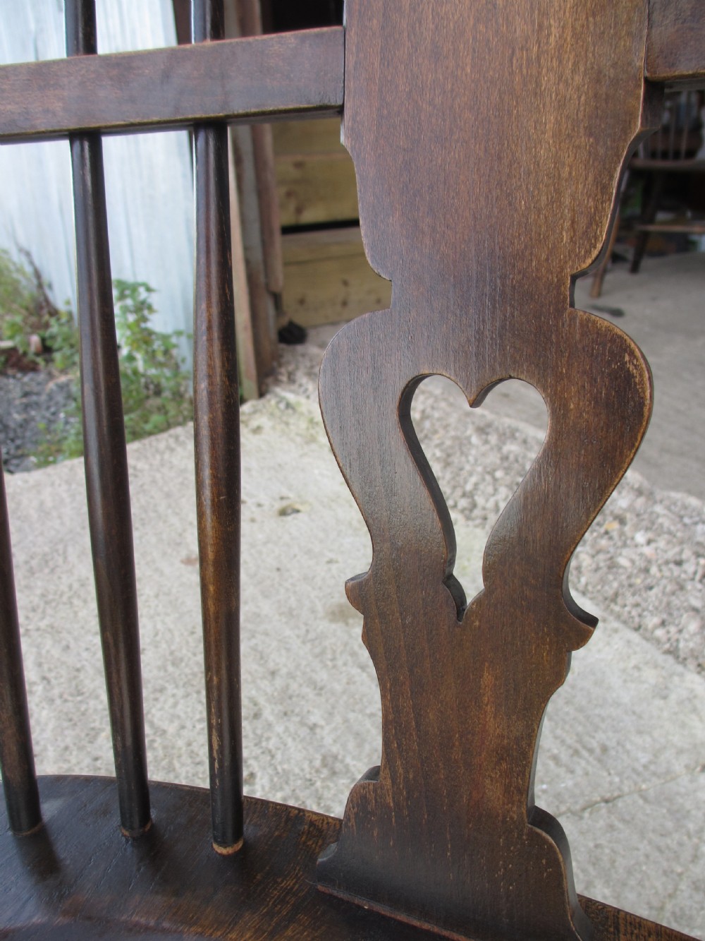 Pair elm seated stick slat windsor armchairs with turned splayed legs c1920 View IX