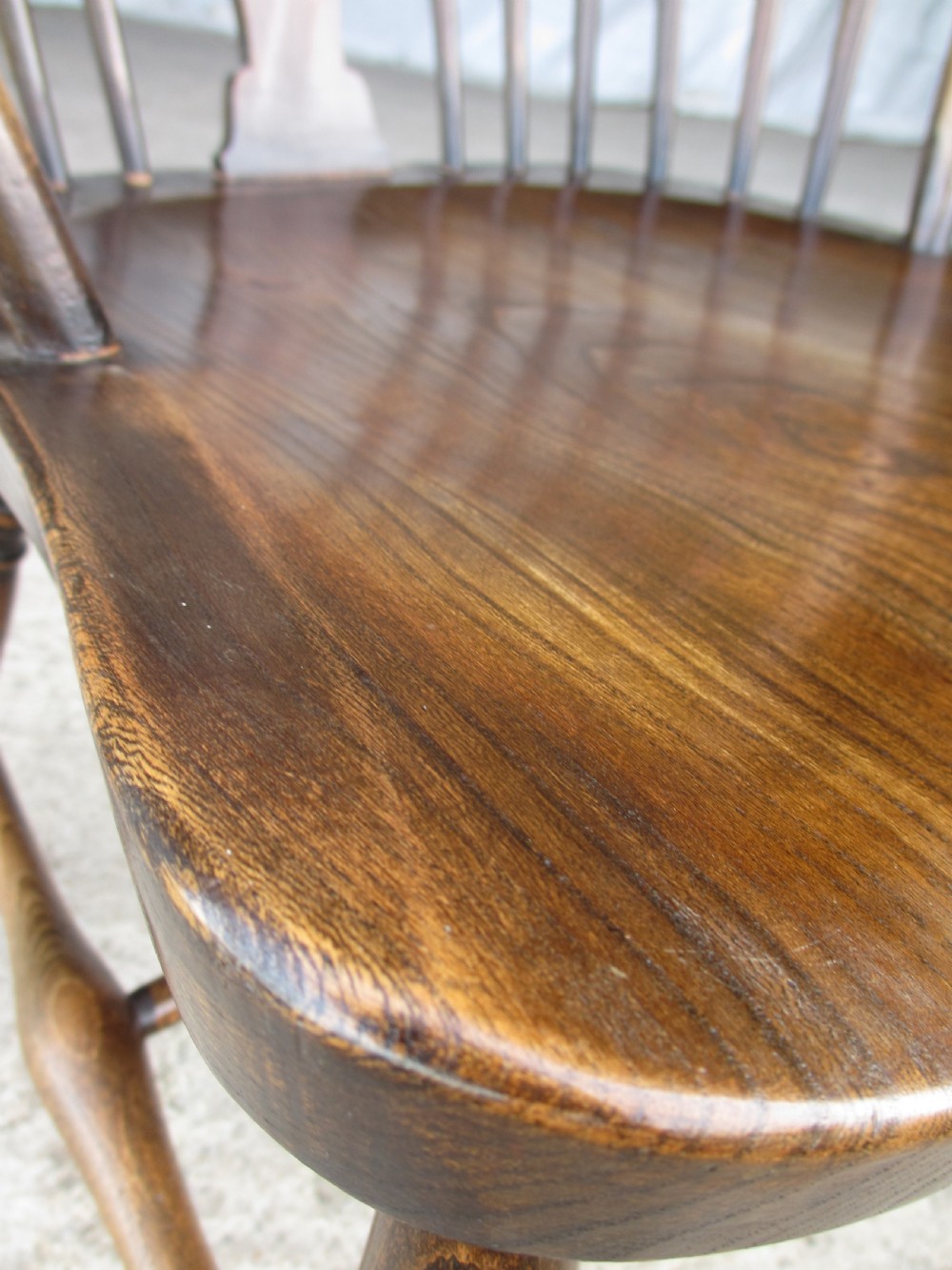 Pair elm seated stick slat windsor armchairs with turned splayed legs c1920 View XI