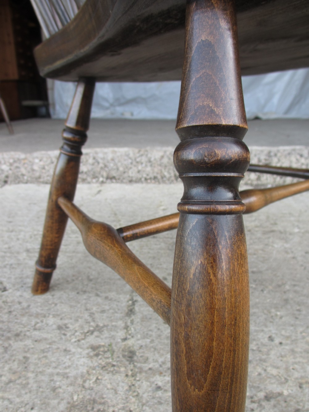 Pair elm seated stick slat windsor armchairs with turned splayed legs c1920 View XIII