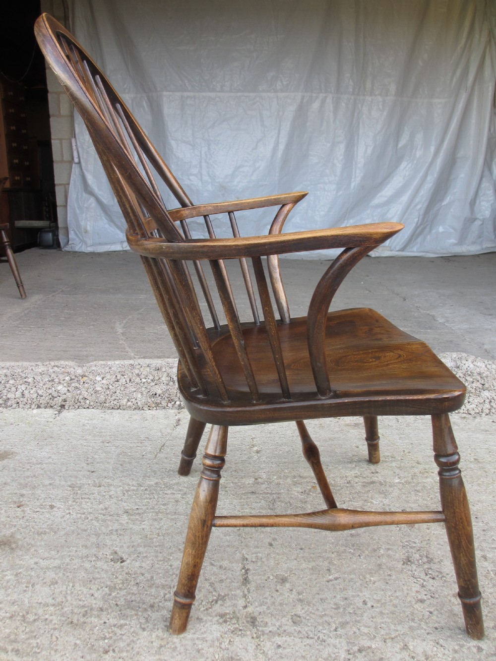 Pair elm seated stick slat windsor armchairs with turned splayed legs c1920 View XIV
