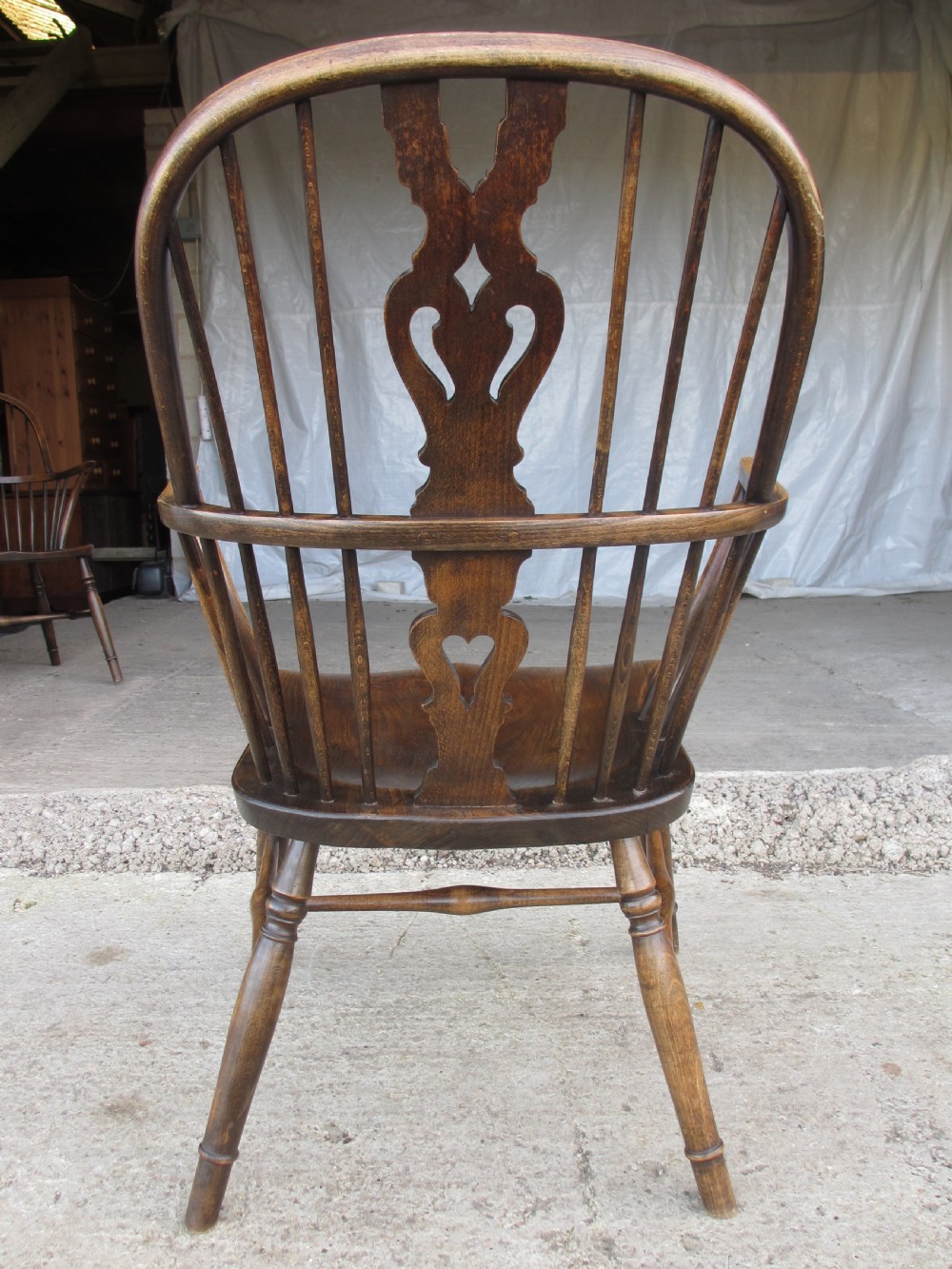 Pair elm seated stick slat windsor armchairs with turned splayed legs c1920 View XV