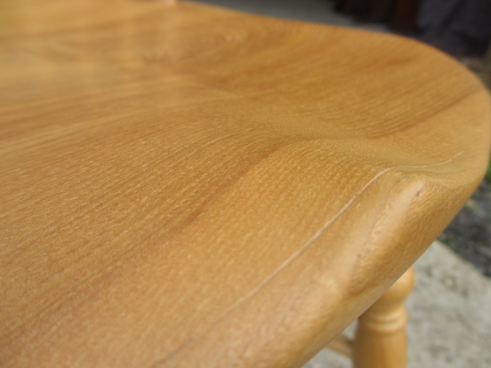 Set of eight stick back elm seated windsor dining chairs splayed supports curved stretcher c1920 View VII