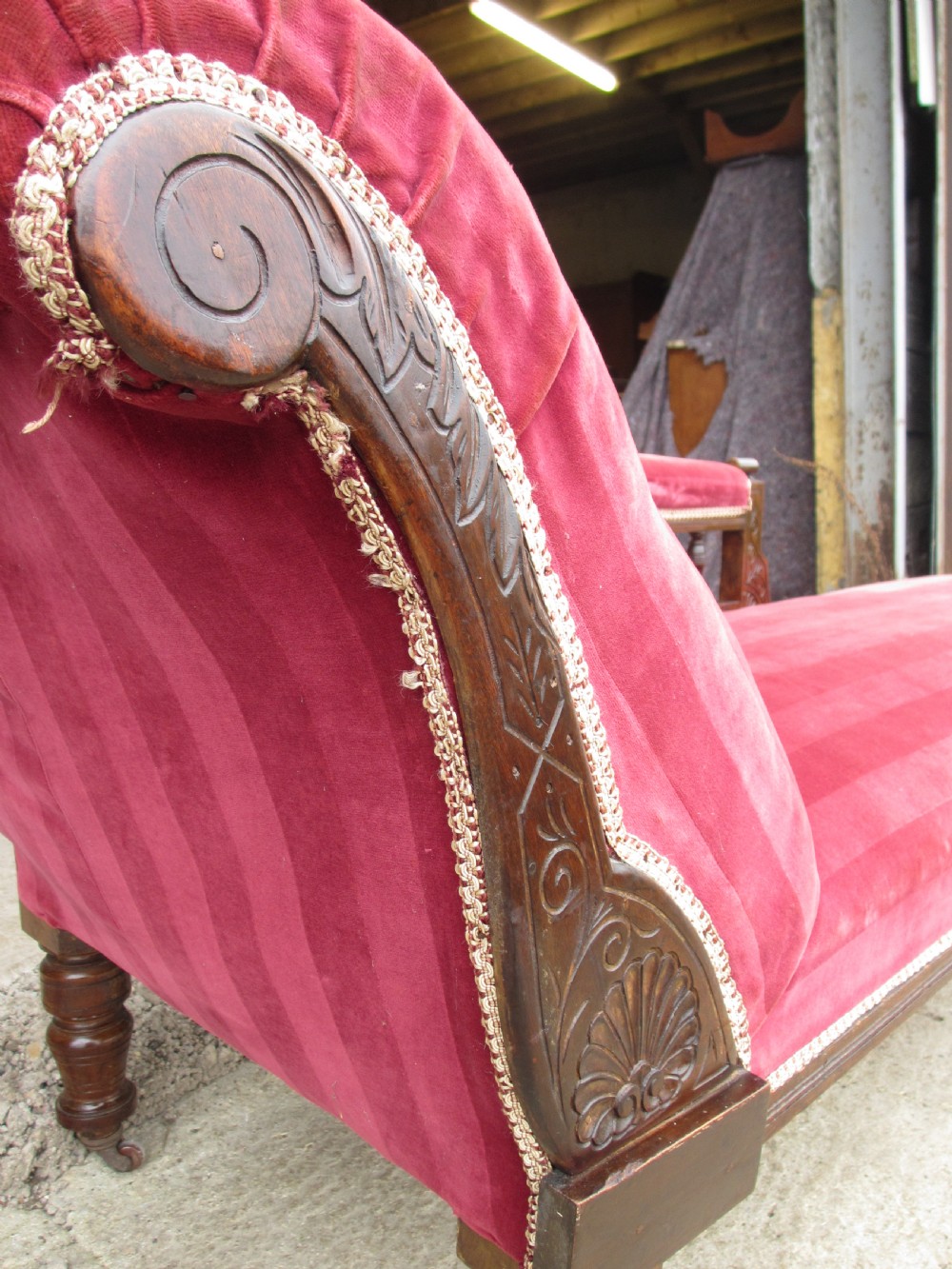 Victorian mahogany upholstered chaise longue turned supports and castors  View XI