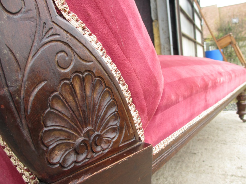Victorian mahogany upholstered chaise longue turned supports and castors  View XII