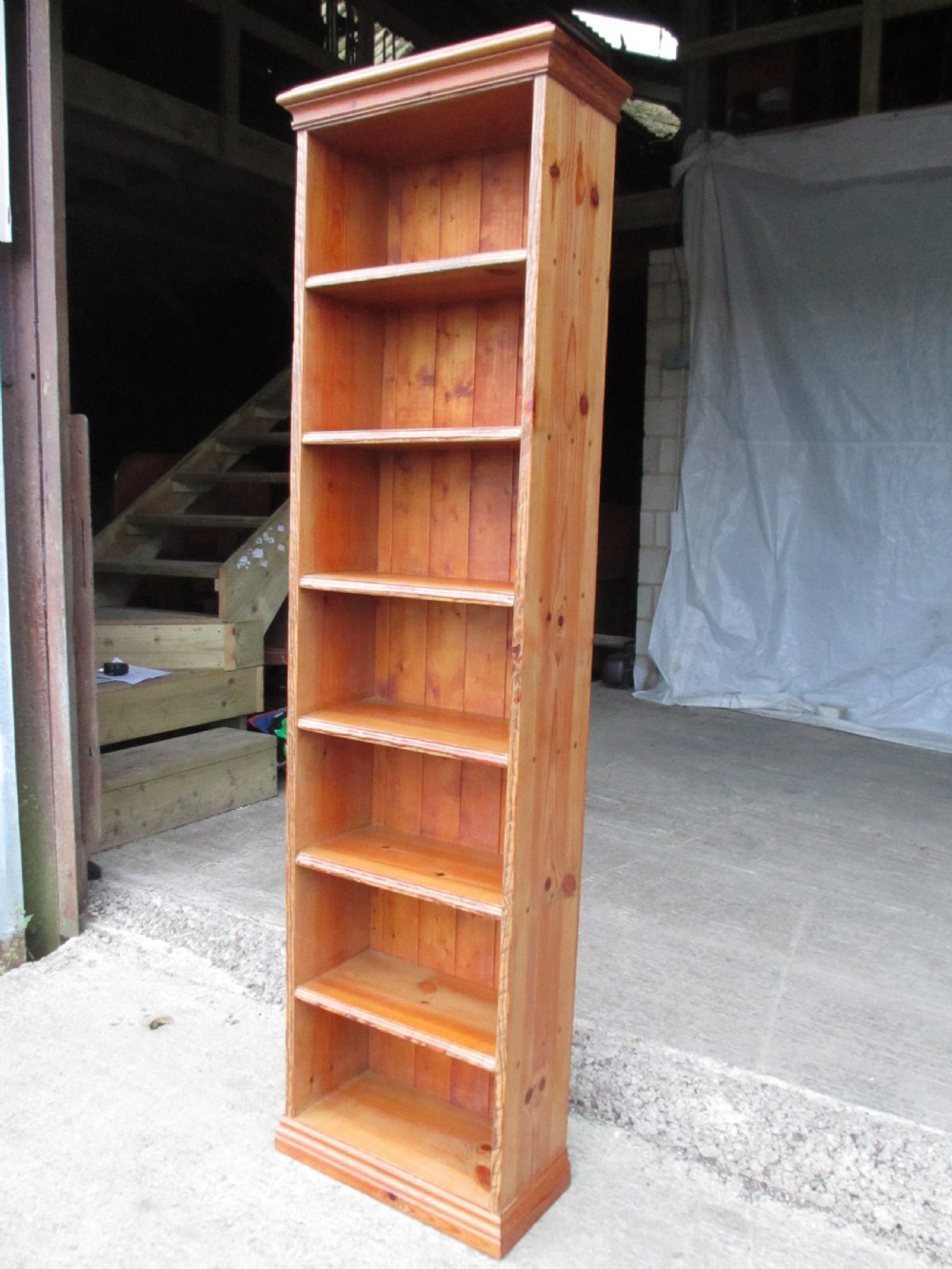 Tall slim pine open bookcase C1920 View II