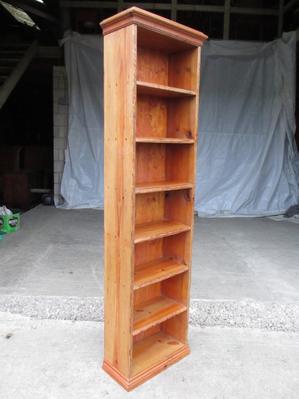 Tall slim pine open bookcase C1920 View III