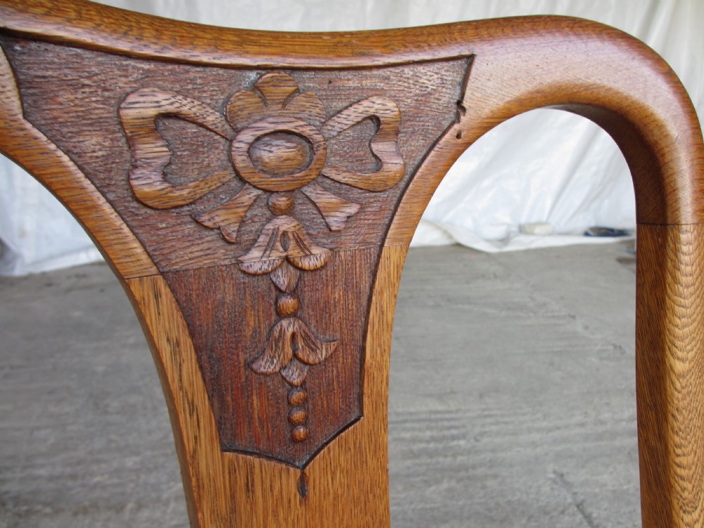 Set of 4 Art Nouveau slat back shaped dining chairs Overstuffed seats Carved spla tCabriole legs View V