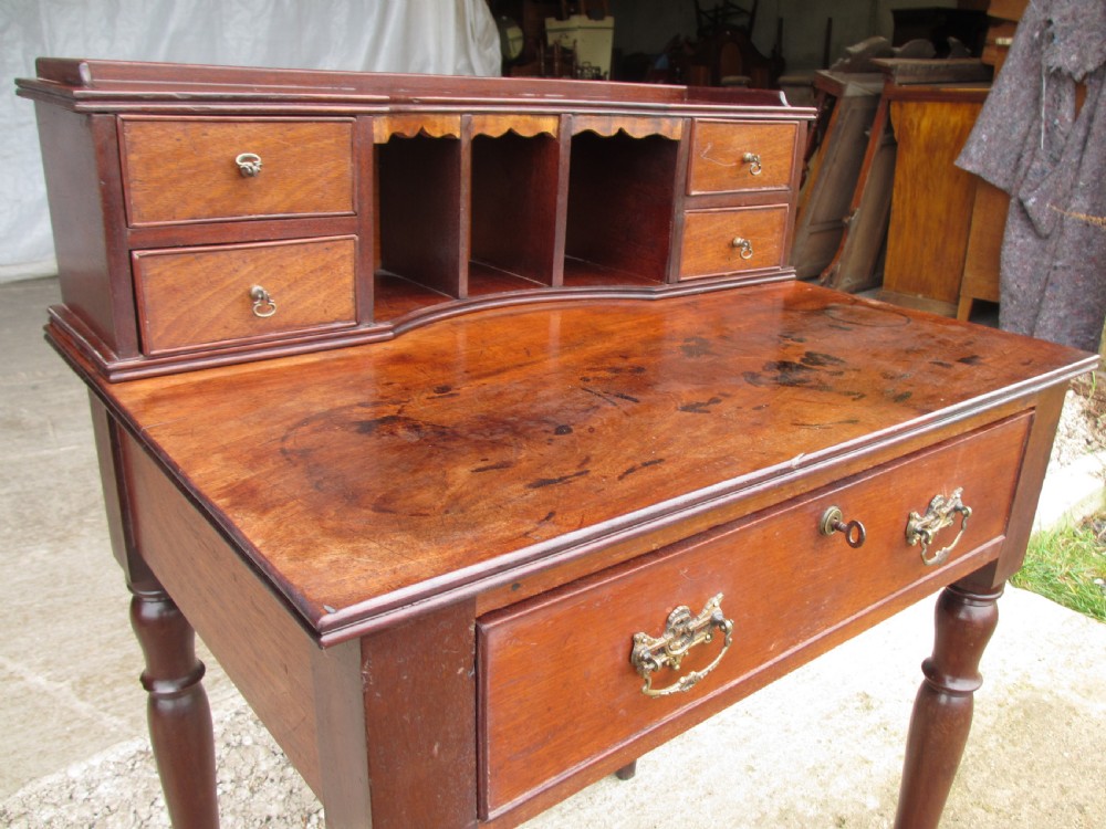 19th Century mahogany stationery backed writing desk on turned supports with one large and 4 small drawers View III