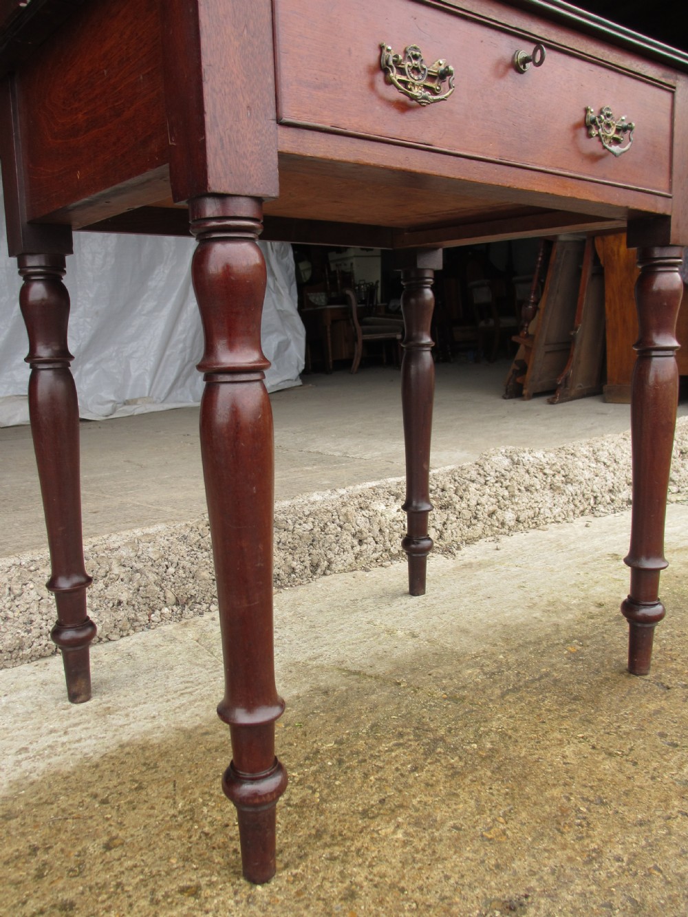 19th Century mahogany stationery backed writing desk on turned supports with one large and 4 small drawers View VII
