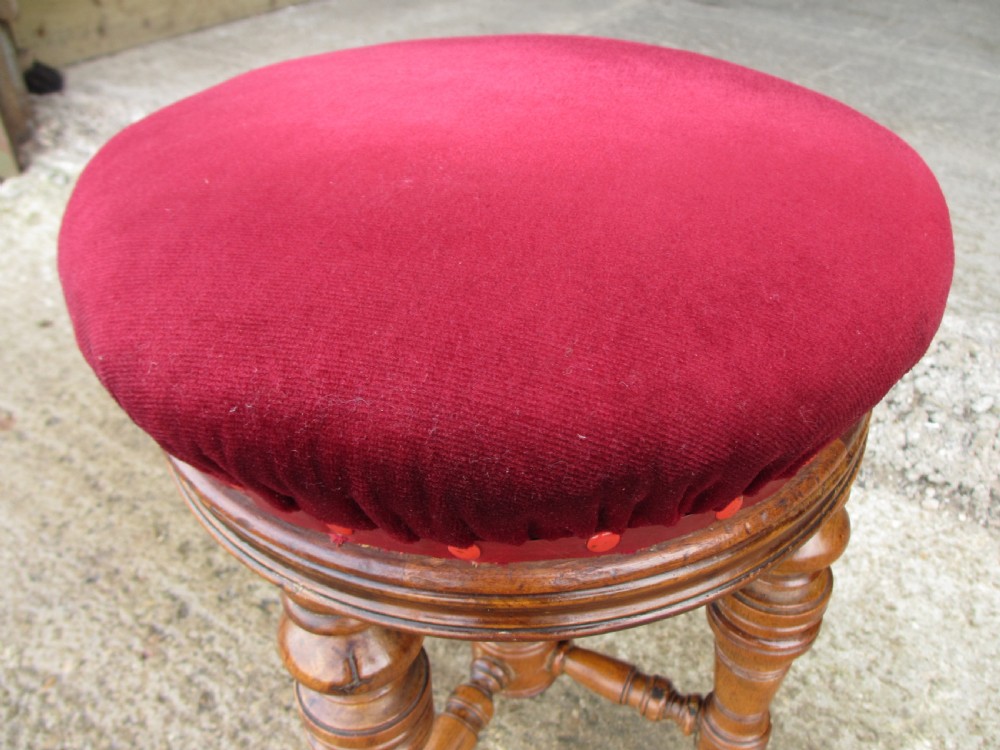 Victorian walnut piano stool, adjustable, upholstered, central column View IV