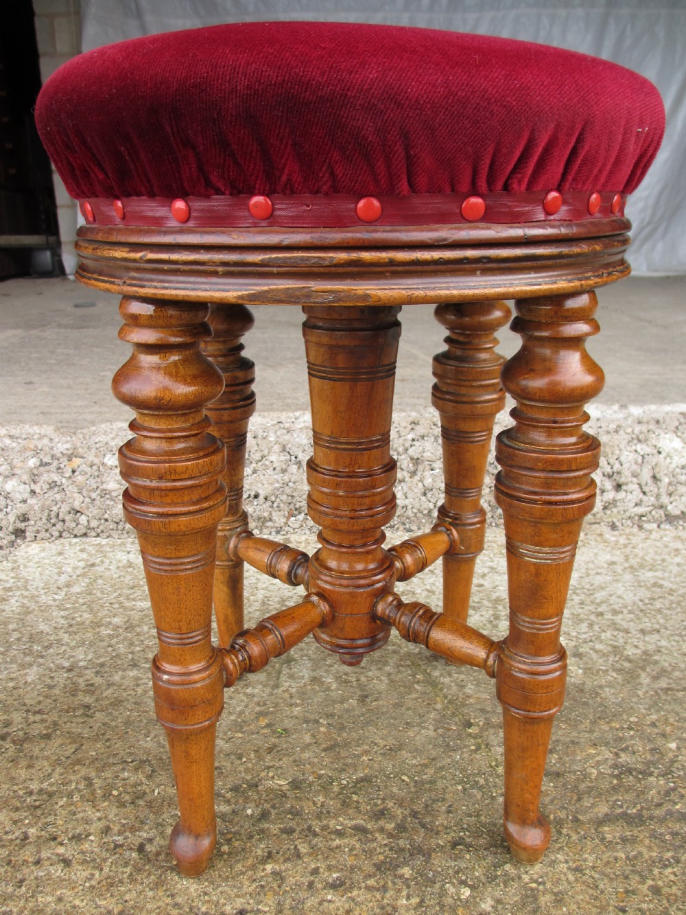 Victorian walnut piano stool, adjustable, upholstered, central column View VII