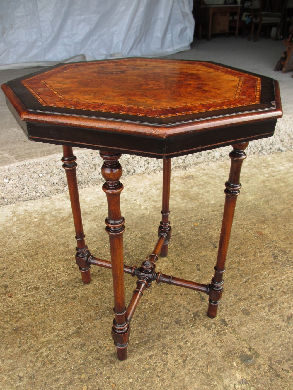 19th century octagonal tunbridge inlaid burr walnut lamp table