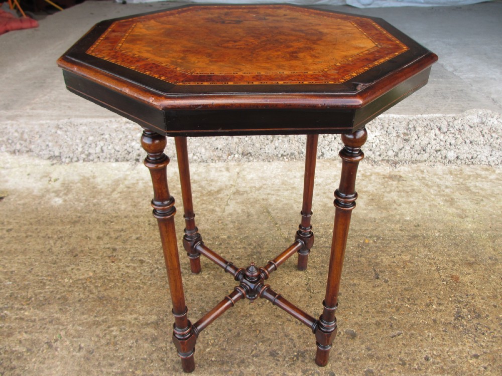 19th century octagonal tunbridge inlaid burr walnut lamp table View II