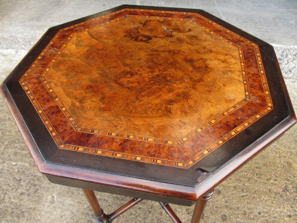 19th century octagonal tunbridge inlaid burr walnut lamp table View III