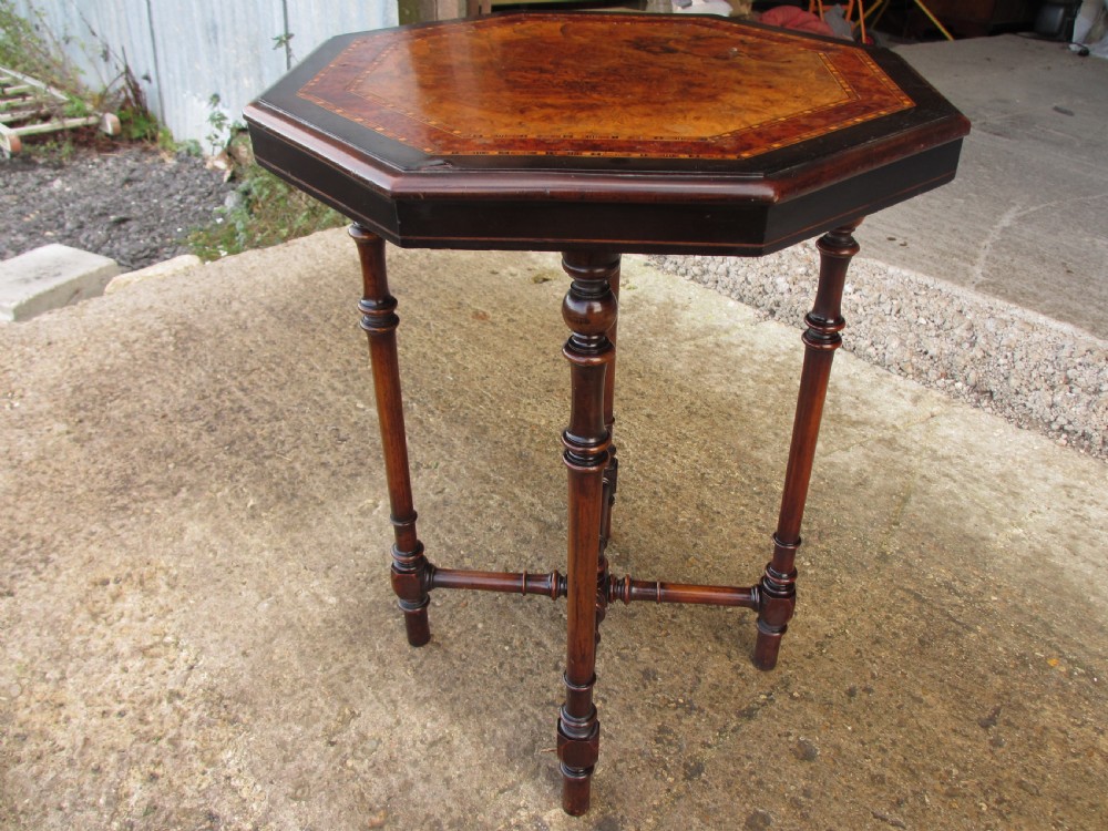 19th century octagonal tunbridge inlaid burr walnut lamp table View IV
