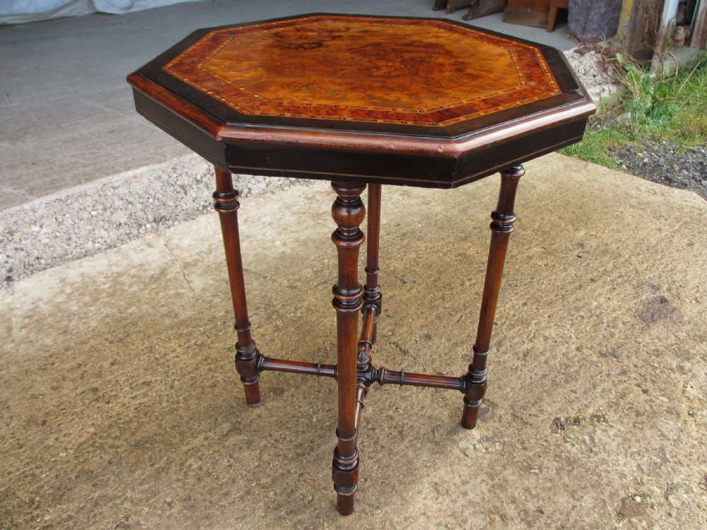 19th century octagonal tunbridge inlaid burr walnut lamp table View V