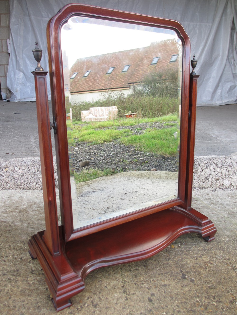 19th century bevel edged swing dressing table mirror with brass finials