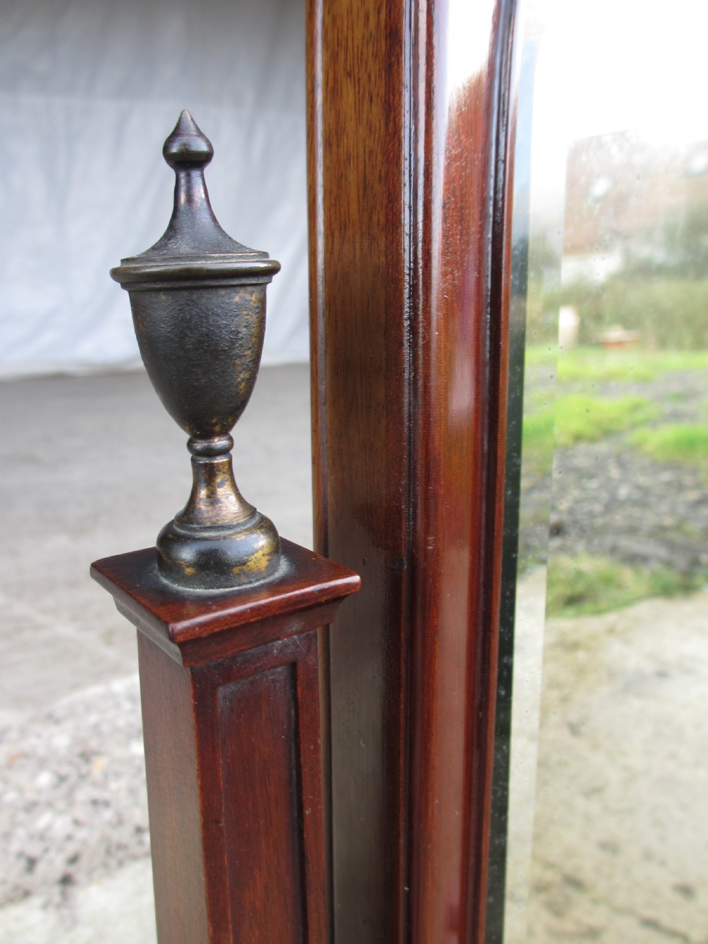 19th century bevel edged swing dressing table mirror with brass finials View II