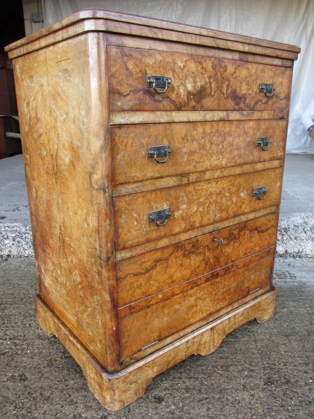 19th century burr walnut chest of drawers with lockable cabinet below by James Shoolbred & co