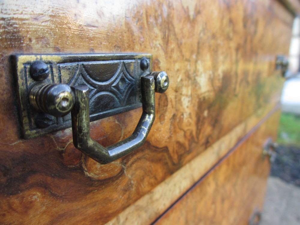 19th century burr walnut chest of drawers with lockable cabinet below by James Shoolbred & co View III