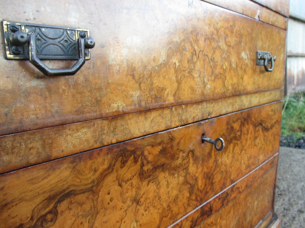 19th century burr walnut chest of drawers with lockable cabinet below by James Shoolbred & co View V