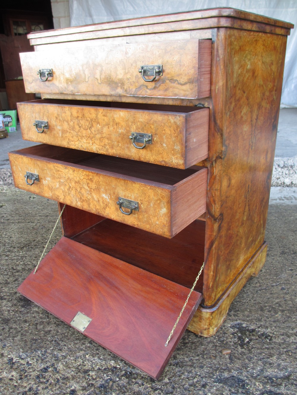 19th century burr walnut chest of drawers with lockable cabinet below by James Shoolbred & co View VI