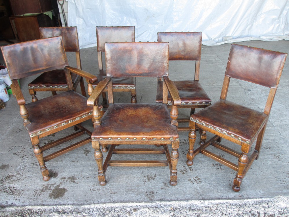 Set of 6 17th century style oak and leather studded dining chairs 2 carvers 4 chairs c1890