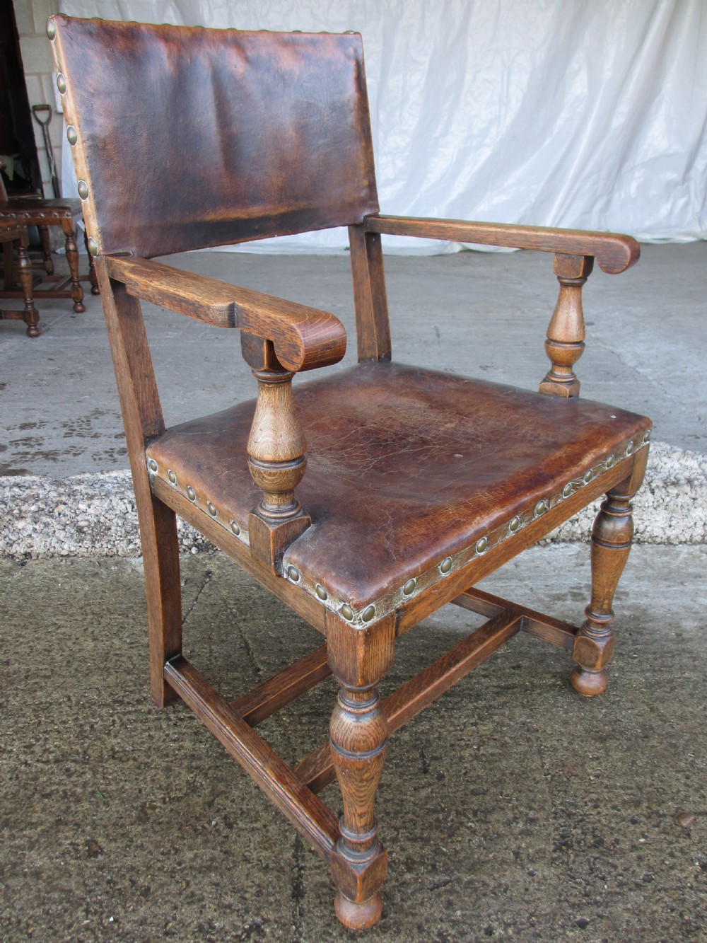 Set of 6 17th century style oak and leather studded dining chairs 2 carvers 4 chairs c1890 View III