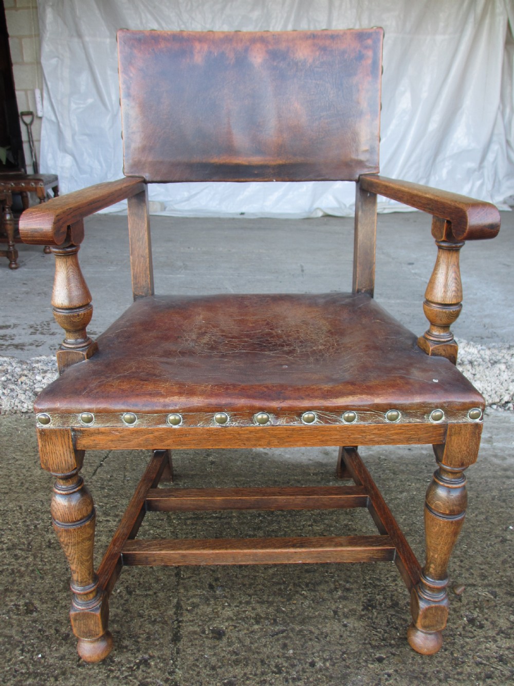 Set of 6 17th century style oak and leather studded dining chairs 2 carvers 4 chairs c1890 View IV