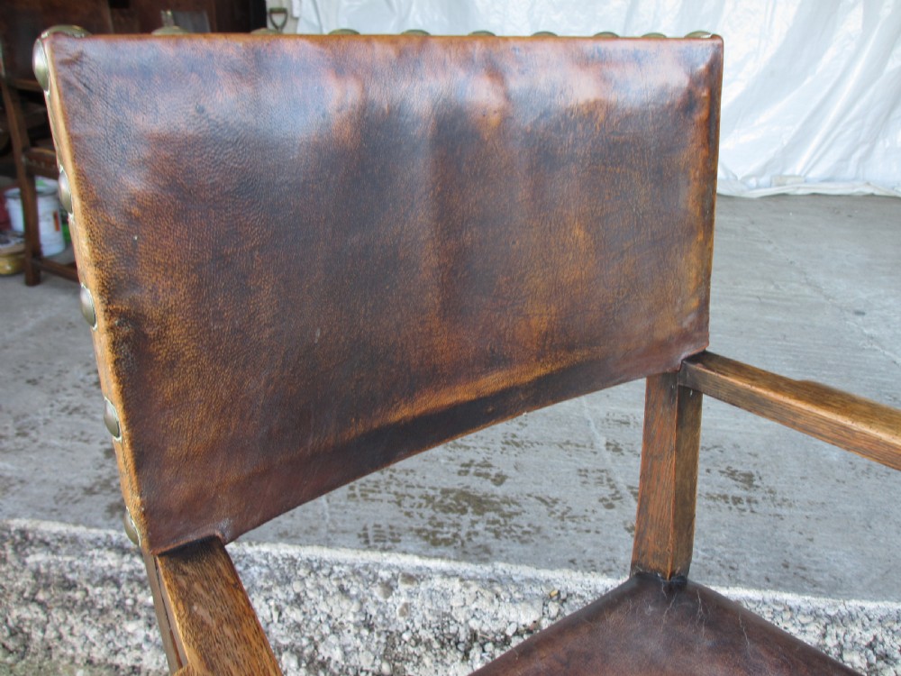 Set of 6 17th century style oak and leather studded dining chairs 2 carvers 4 chairs c1890 View VI