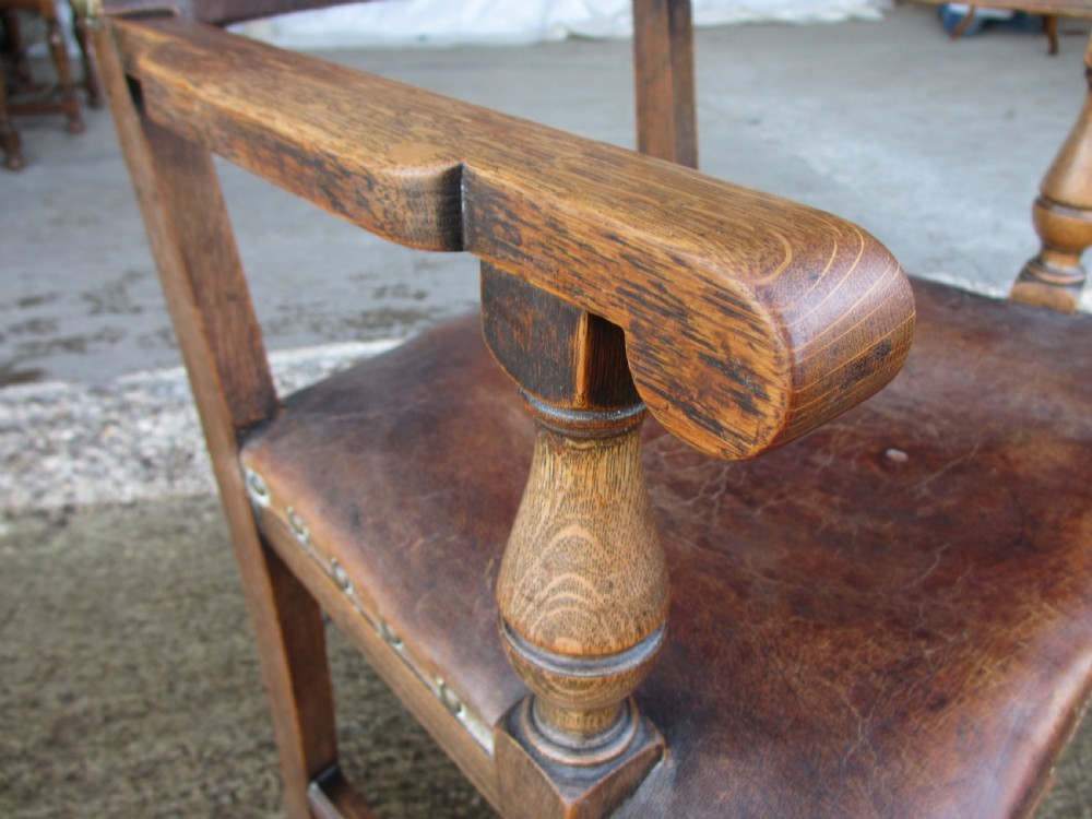 Set of 6 17th century style oak and leather studded dining chairs 2 carvers 4 chairs c1890 View VIII
