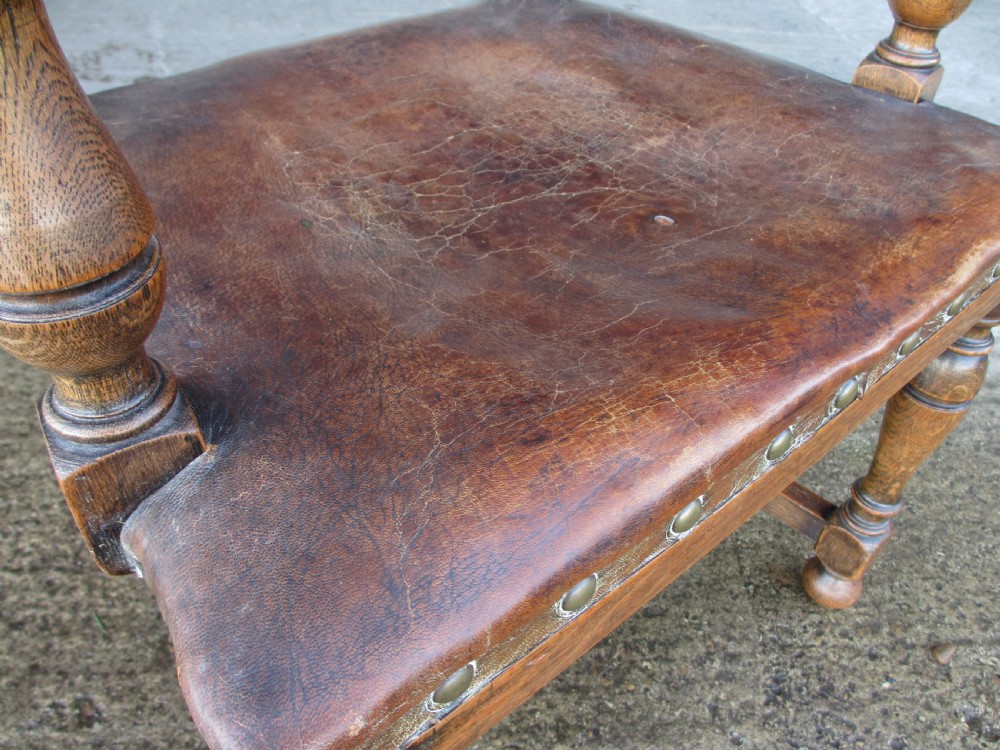 Set of 6 17th century style oak and leather studded dining chairs 2 carvers 4 chairs c1890 View X