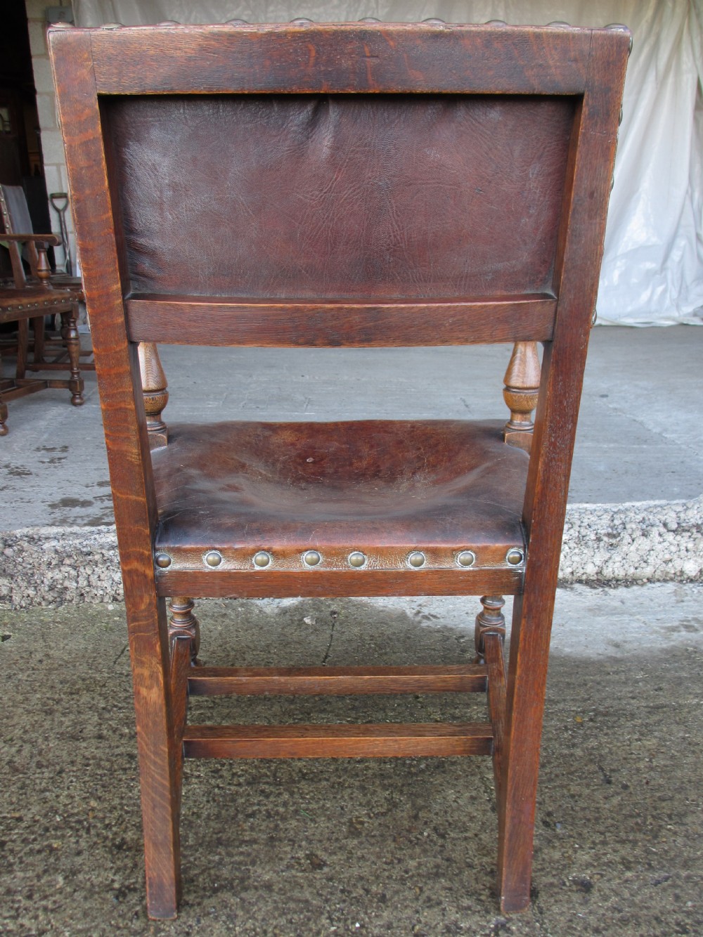 Set of 6 17th century style oak and leather studded dining chairs 2 carvers 4 chairs c1890 View XV