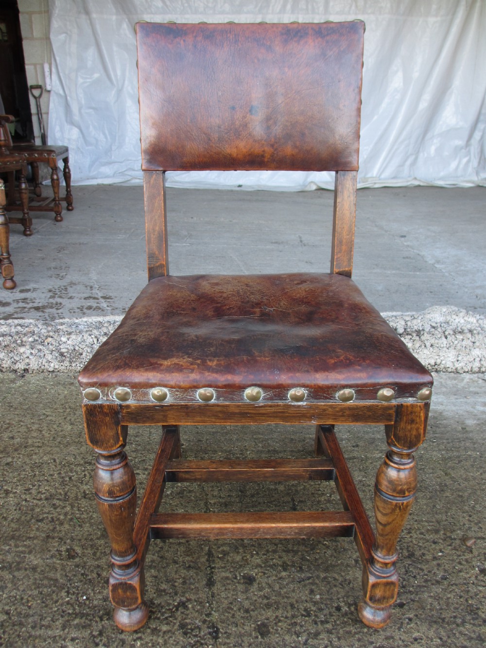 Set of 6 17th century style oak and leather studded dining chairs 2 carvers 4 chairs c1890 View XVI