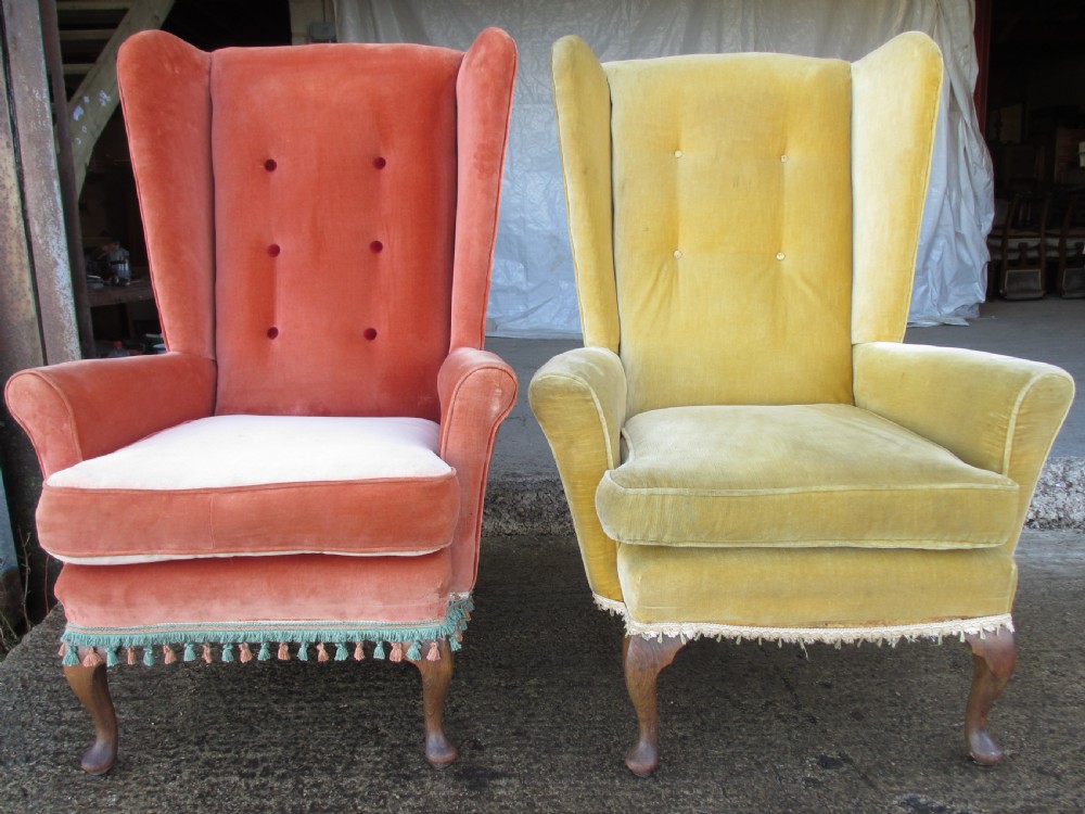 Pair Georgian style high wing back easy armchairs cabriole legs C1910 View II