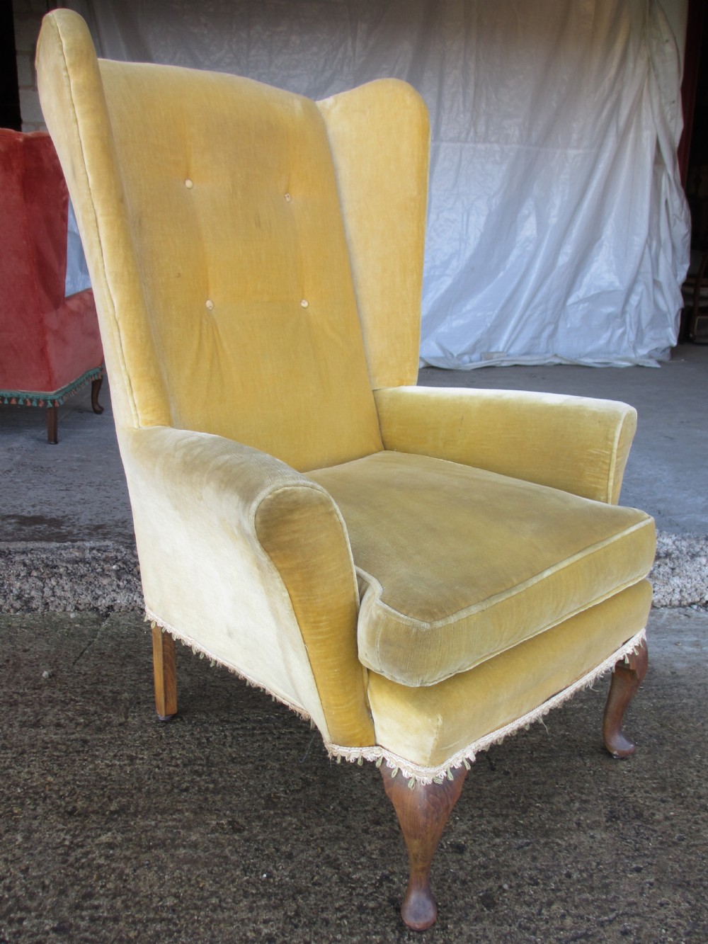 Pair Georgian style high wing back easy armchairs cabriole legs C1910 View III