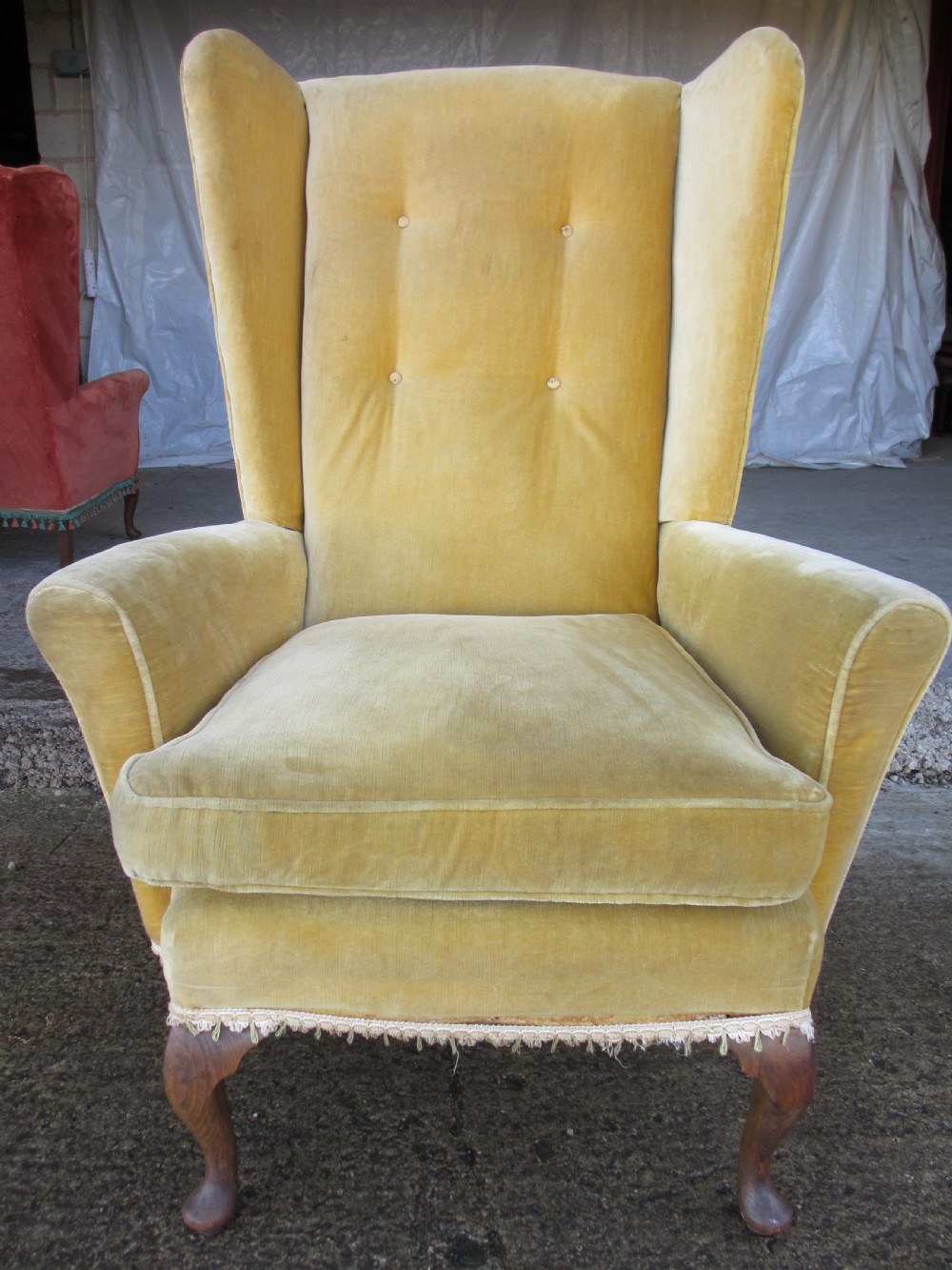 Pair Georgian style high wing back easy armchairs cabriole legs C1910 View IV