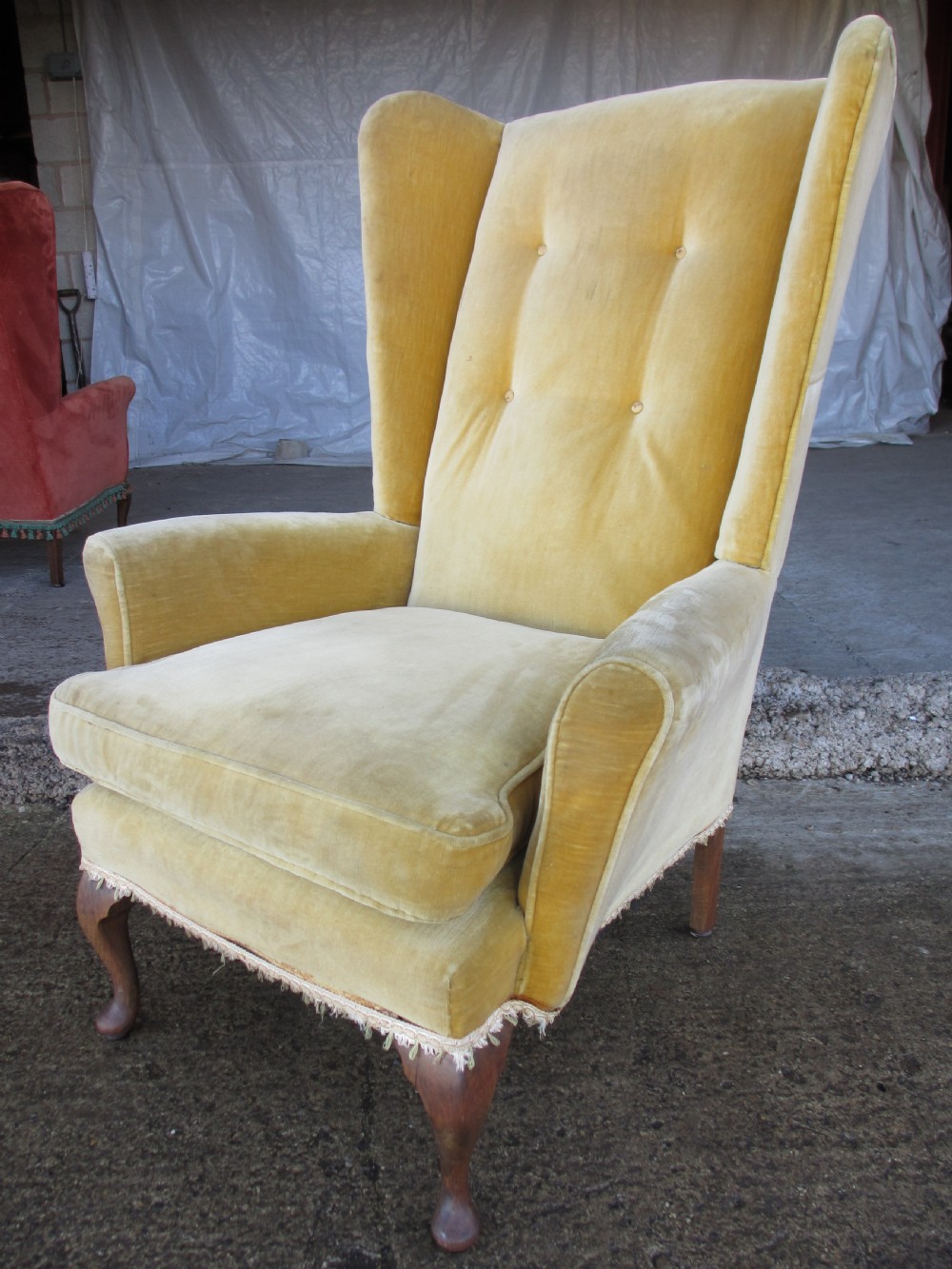 Pair Georgian style high wing back easy armchairs cabriole legs C1910 View V